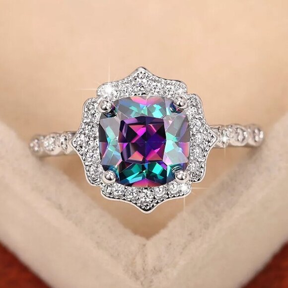 NEW 925 Sterling Silver Mystic Topaz Diamond Halo Cushion Cut Ring - Picture 1 of 5